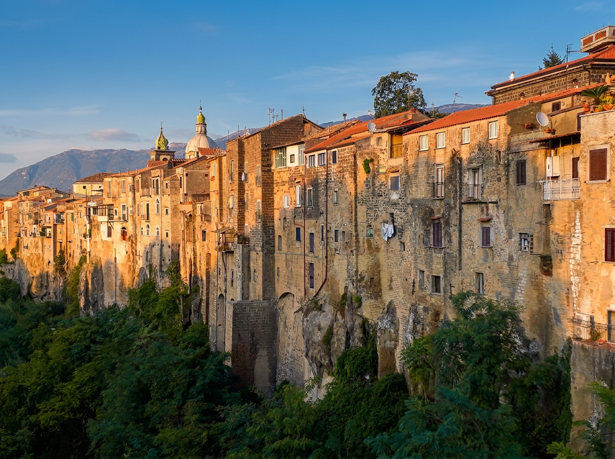 Historic houses of Sant’Agata de’ Goti rising above the tufa cliff in warm evening light, Campania.