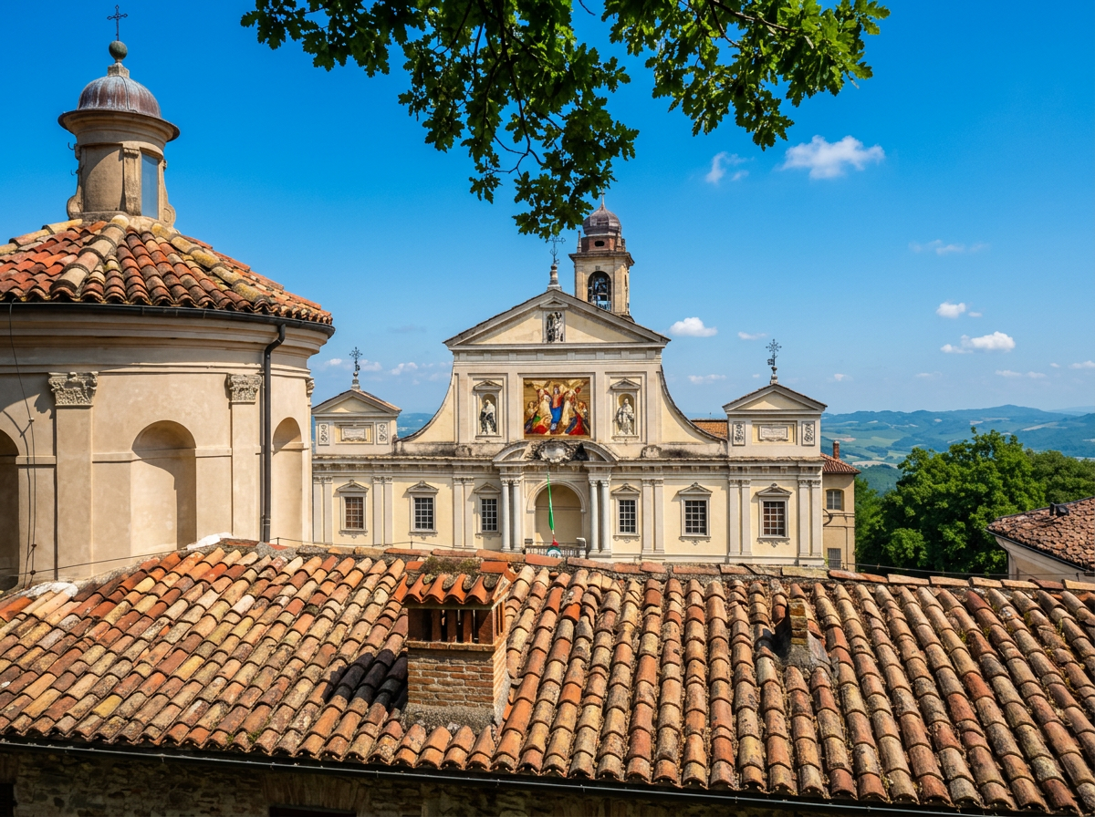 Sanctuary facade and tiled chapel roofs at Sacro Monte di Crea in Monferrato, Piedmont