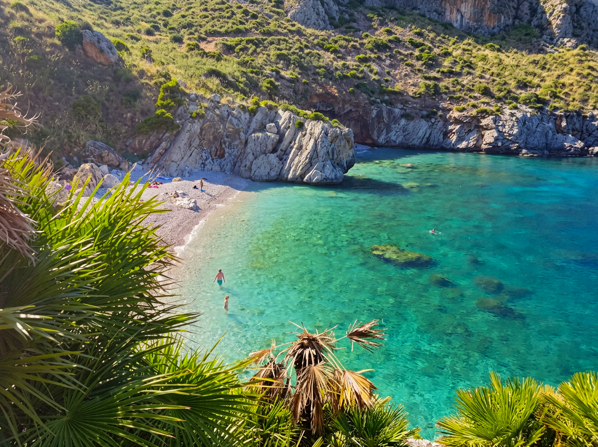 Turquoise water at Cala Tonnarella dell’Uzzo in the Zingaro Nature Reserve, Sicily, Italy.