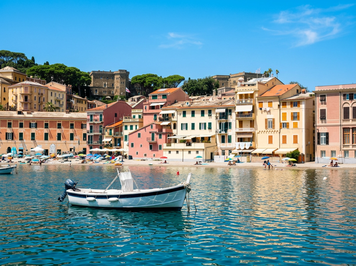 Fishing boat in the Baia del Silenzio below pastel houses in Sestri Levante, Liguria