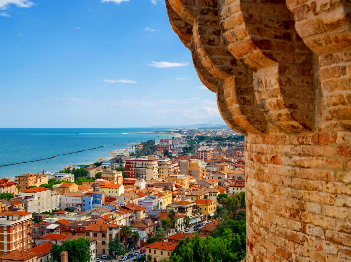 Panoramic view from Grottammare Alta over the coastal town and Adriatic Sea in Le Marche, Italy