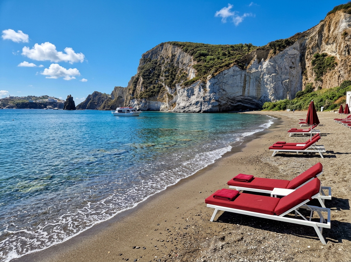 Frontone Beach on Ponza with clear blue water, dark volcanic sand and dramatic rocky cliffs in the Pontine Islands, Lazio
