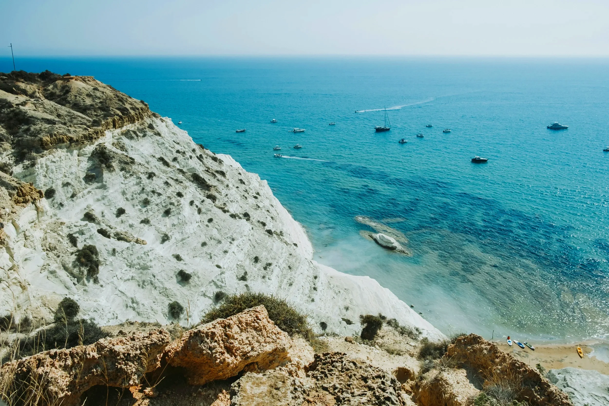 White limestone cliffs overlooking the Mediterranean Sea at Scala dei Turchi, Sicily, Italy.