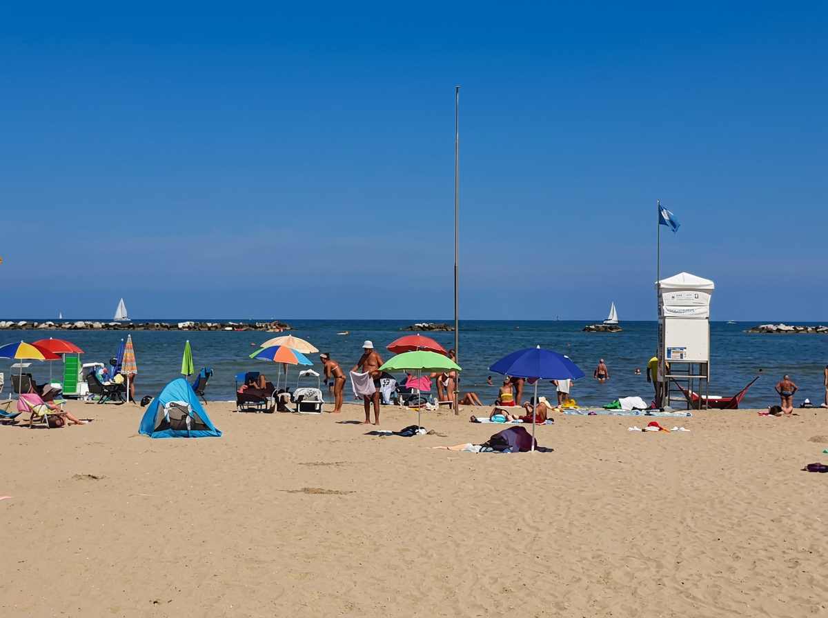 Sandy beach with colourful umbrellas and swimmers in Cesenatico, Emilia-Romagna