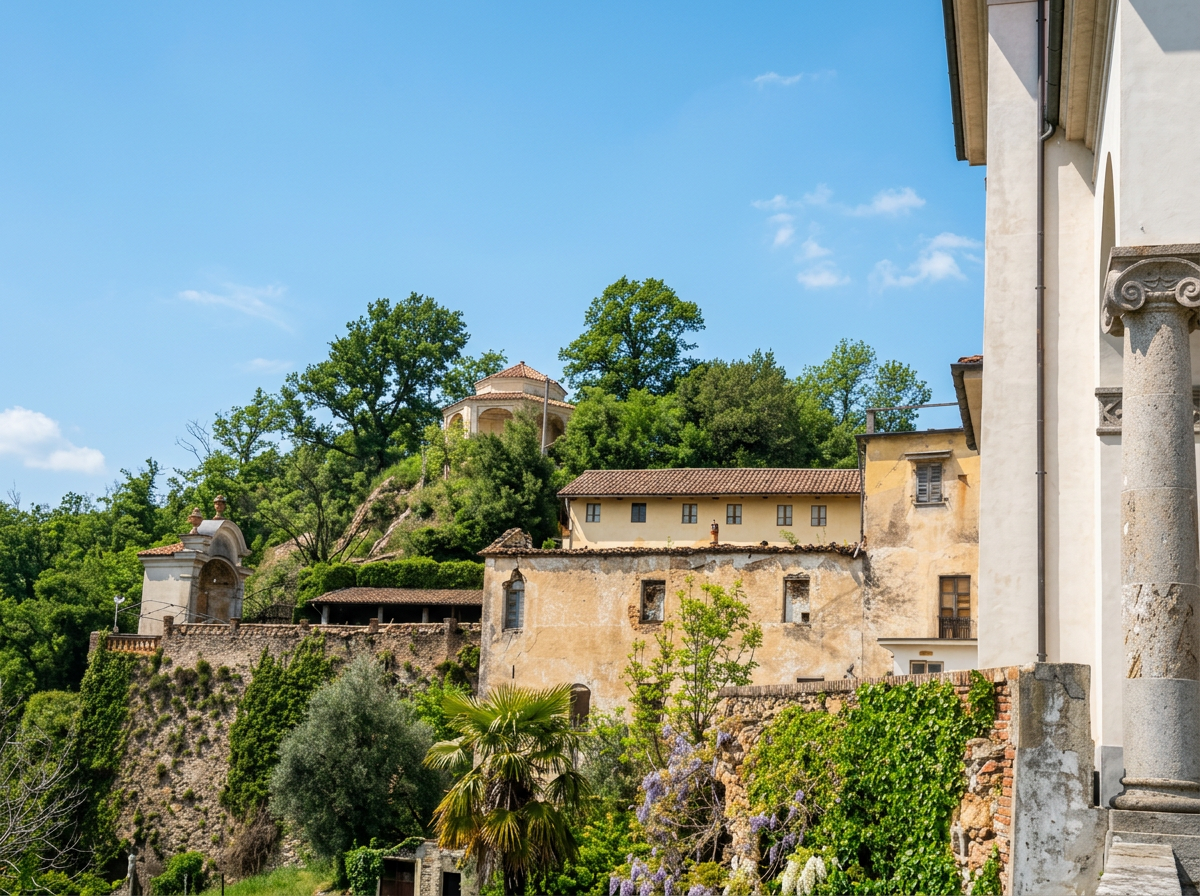 Sanctuary buildings and a hillside chapel at Sacro Monte di Belmonte near Valperga, Piedmont