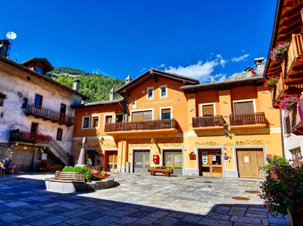 Flower-filled square and colourful houses in Étroubles, Aosta Valley.