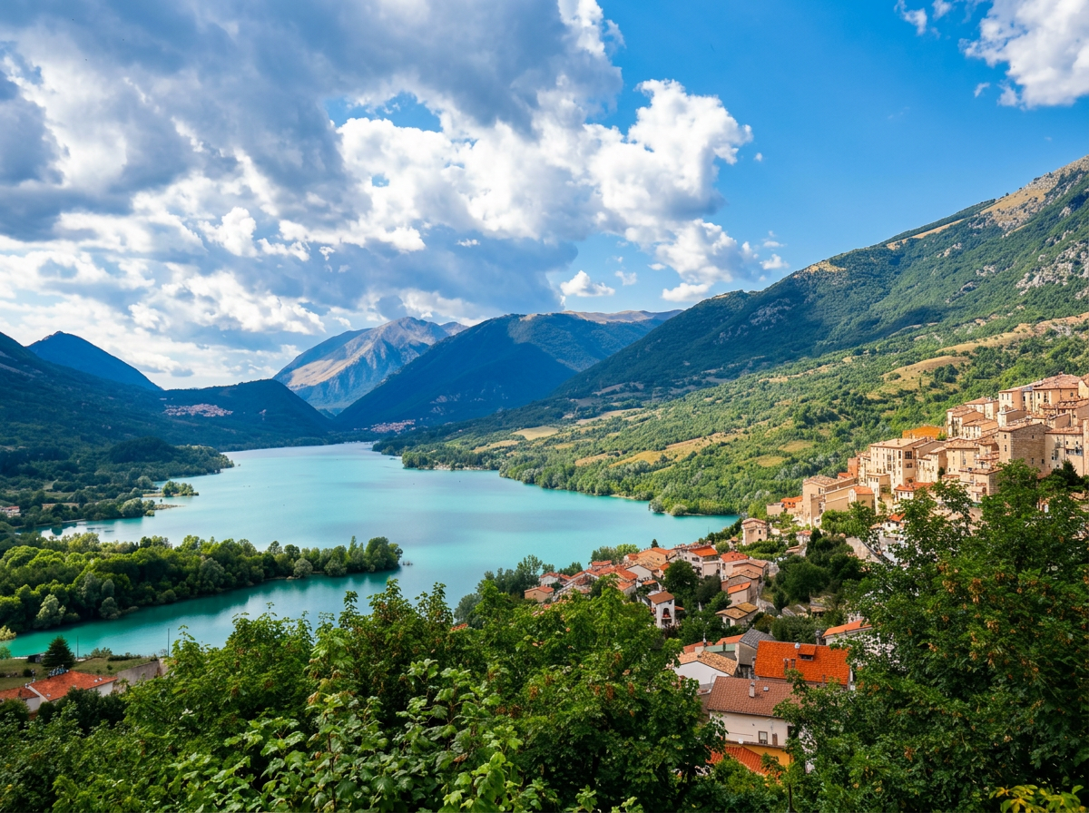 A lakeside village beneath green mountains in Abruzzo.