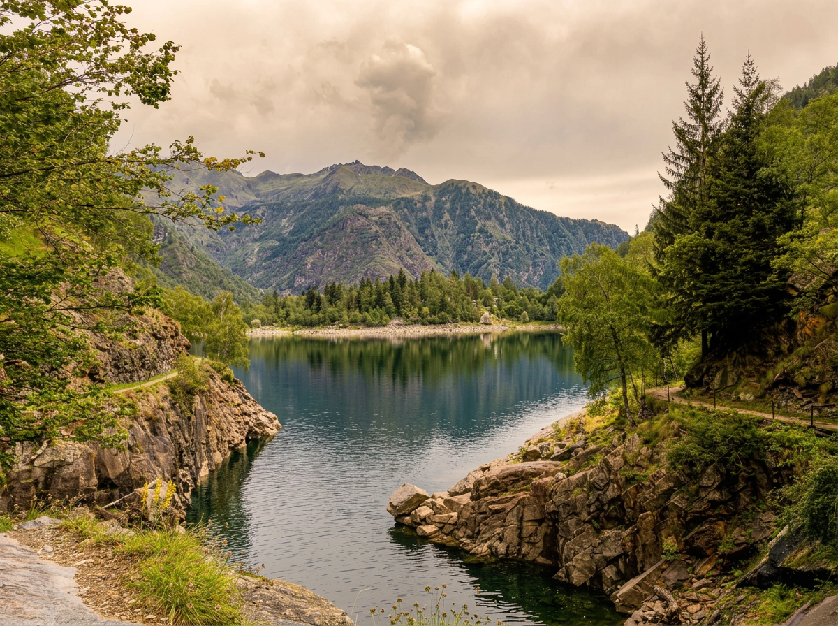 Still waters of Lago di Antrona framed by leafy trees, with rocky mountains reflected in the lake, Piemonte, Italy.