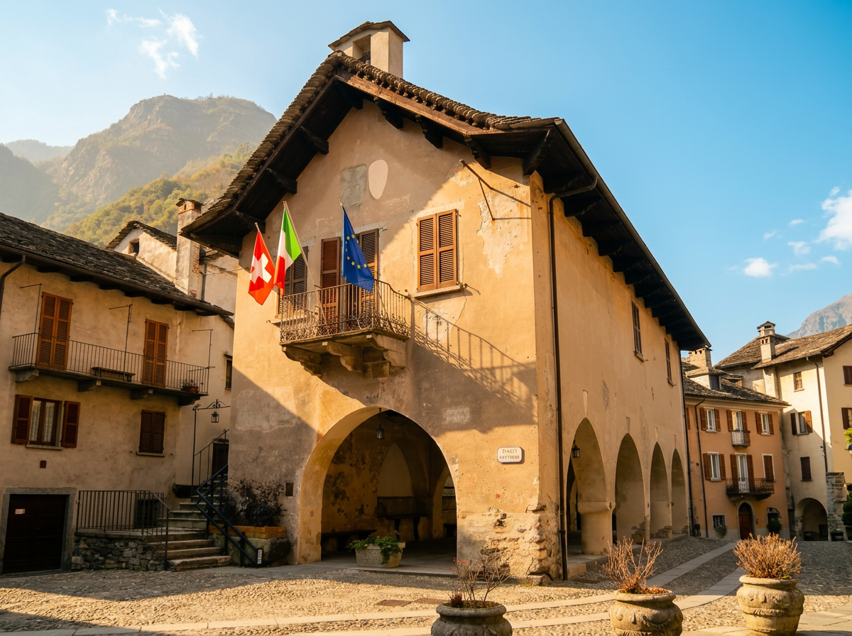 Palazzo Pretorio in Vogogna, with pointed arches, a balcony and shuttered windows facing a cobbled square.
