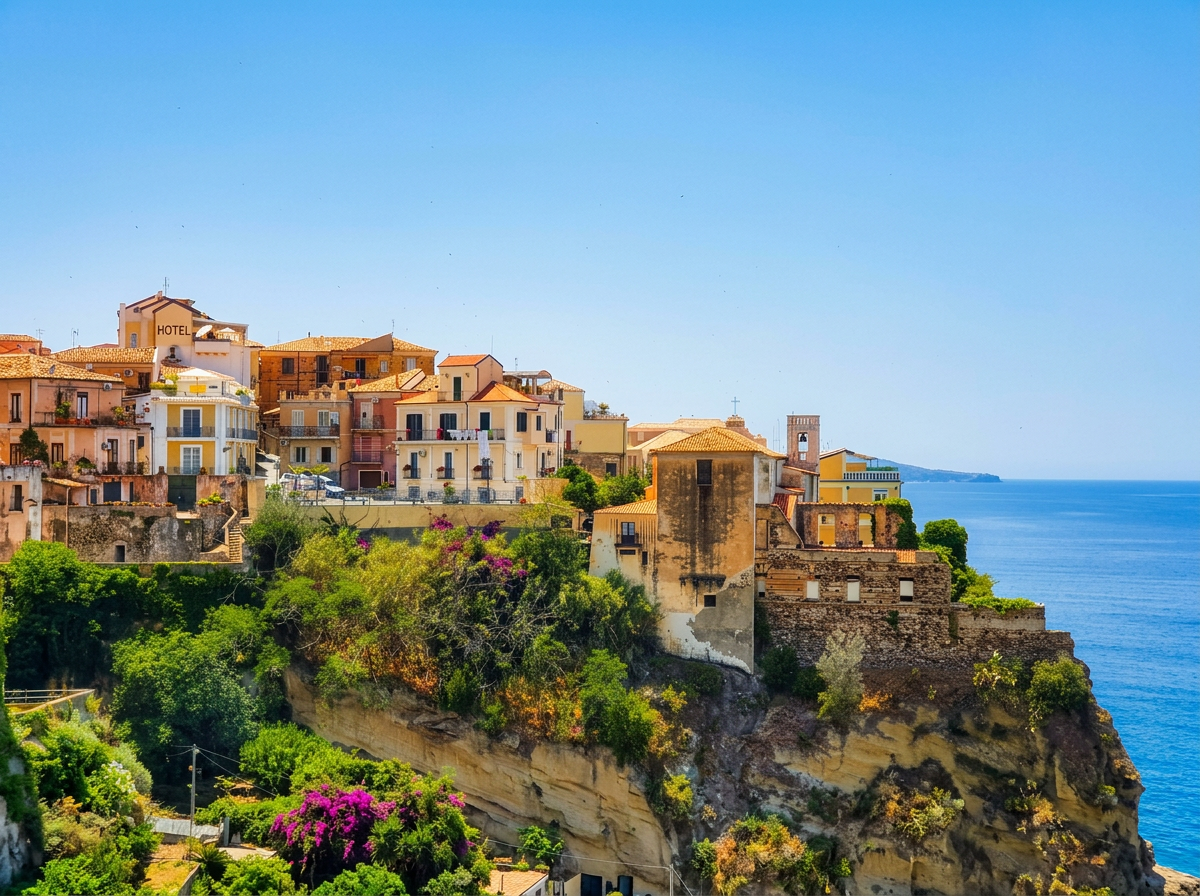 Pizzo old town above the rocky coastline of Calabria.