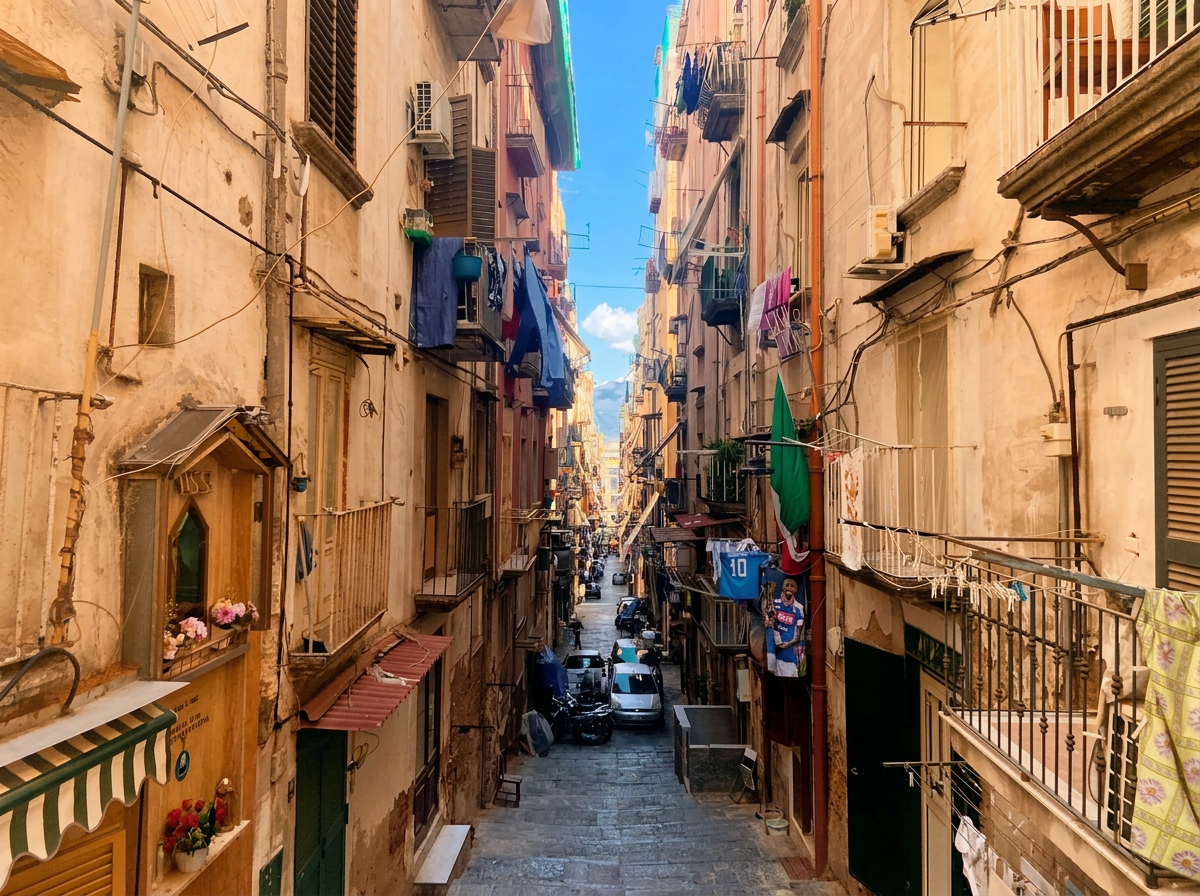 A narrow Naples street with laundry hanging from balconies.