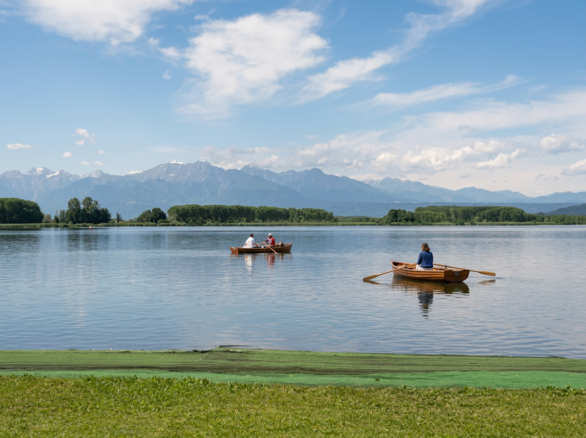 Small rowing boats on Lago di Candia, with green shores and distant mountains in Piemonte, Italy.