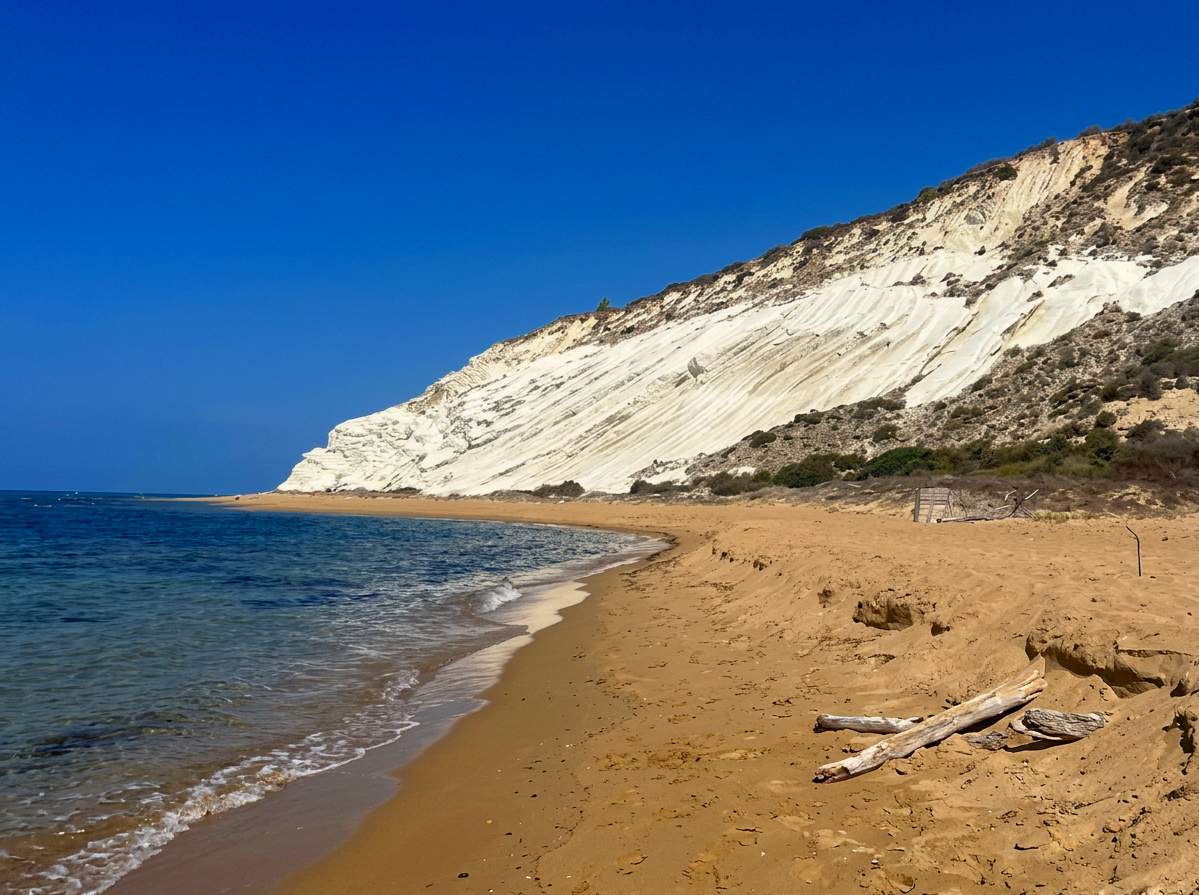 Wild golden beach and dramatic coastal cliffs at Torre Salsa Nature Reserve, Sicily, Italy.