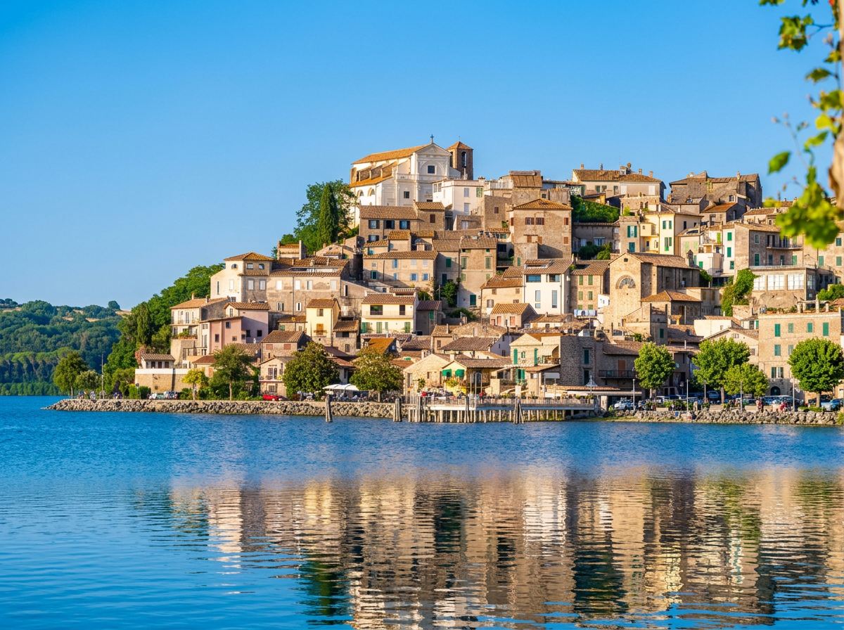 Historic lakeside town overlooking Lake Bracciano surrounded by green hills in Lazio, Italy