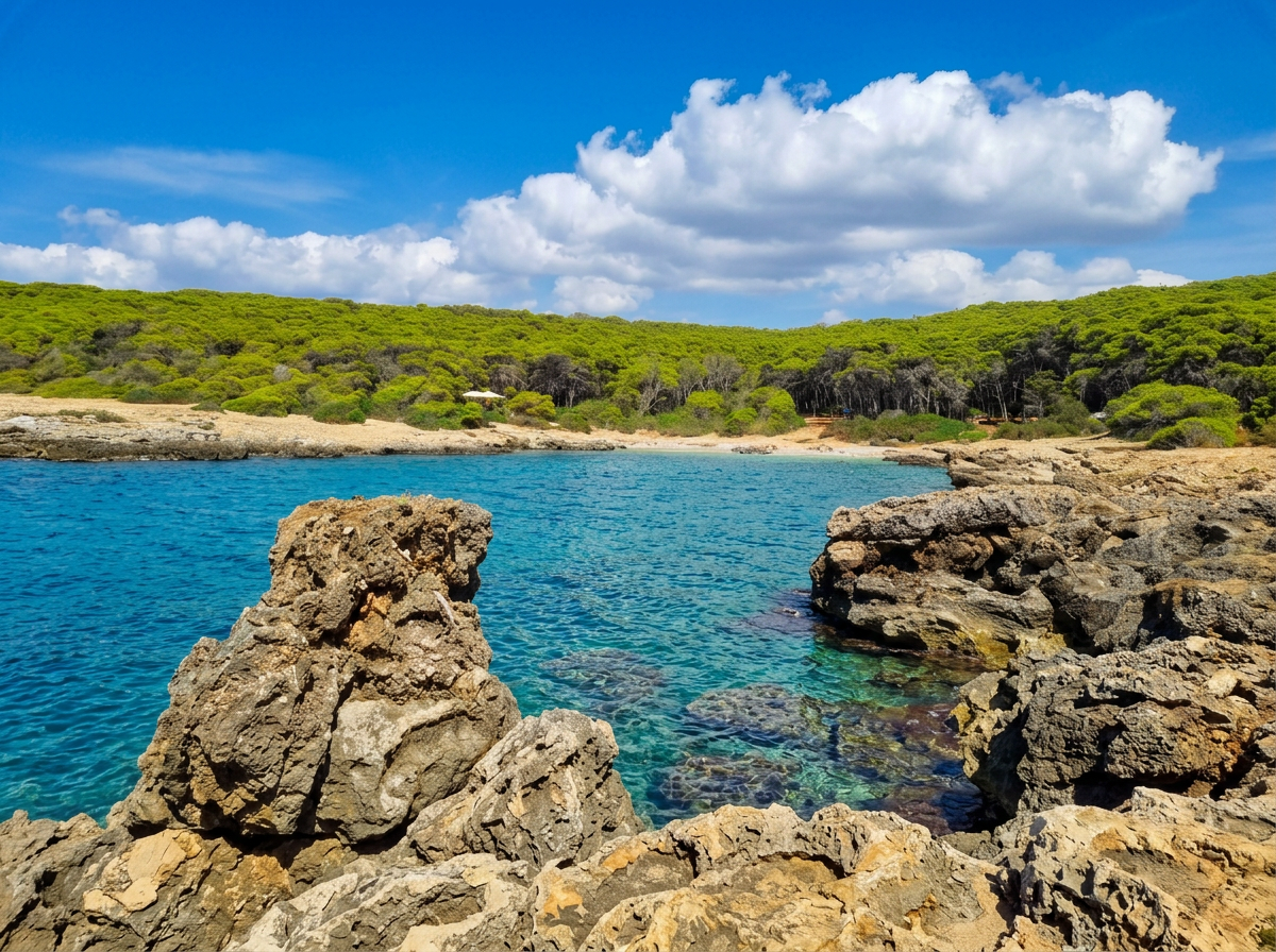 Rocky coastline and clear turquoise water surrounded by Mediterranean pine forest at Porto Selvaggio in Puglia, Italy