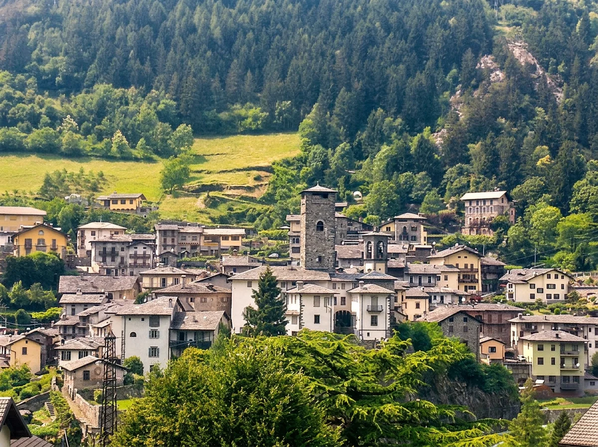 Stone houses and the square tower of Gromo beneath a wooded mountain slope.