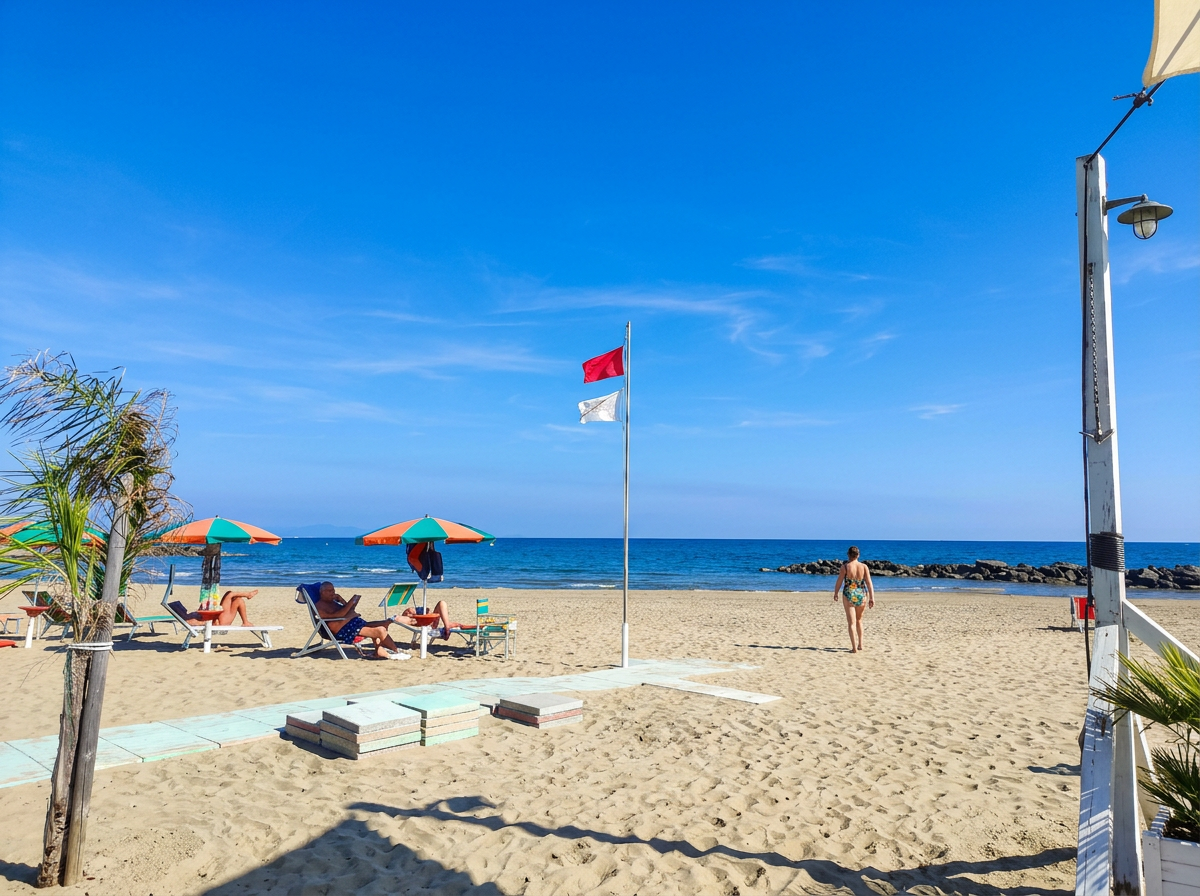 Beach umbrellas and sun loungers along the coast of San Felice Circeo, Lazio.