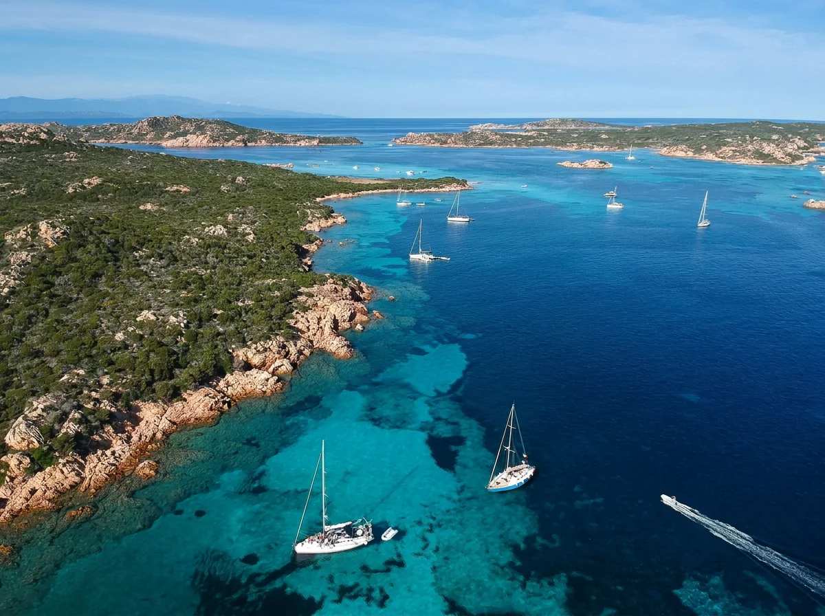 Aerial view of the La Maddalena Archipelago in Sardinia, with sailing boats, turquoise water and rugged Mediterranean islands