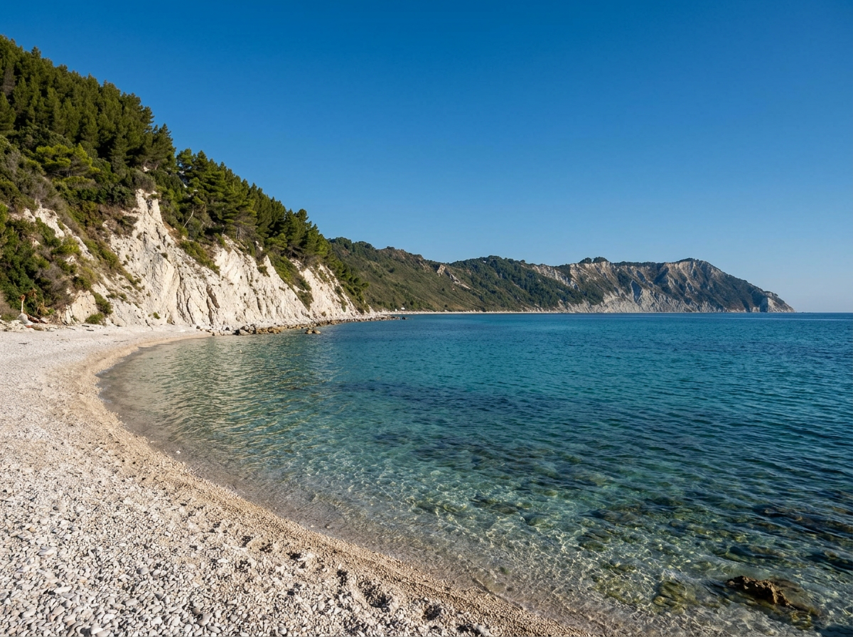 Clear blue water and white pebble beach surrounded by the cliffs of Monte Conero at Portonovo Bay, Le Marche, Italy