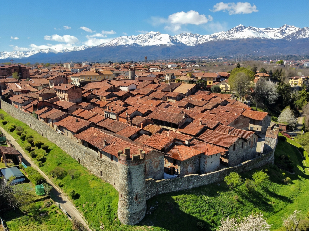 The red-tiled roofs and medieval walls of Ricetto di Candelo.