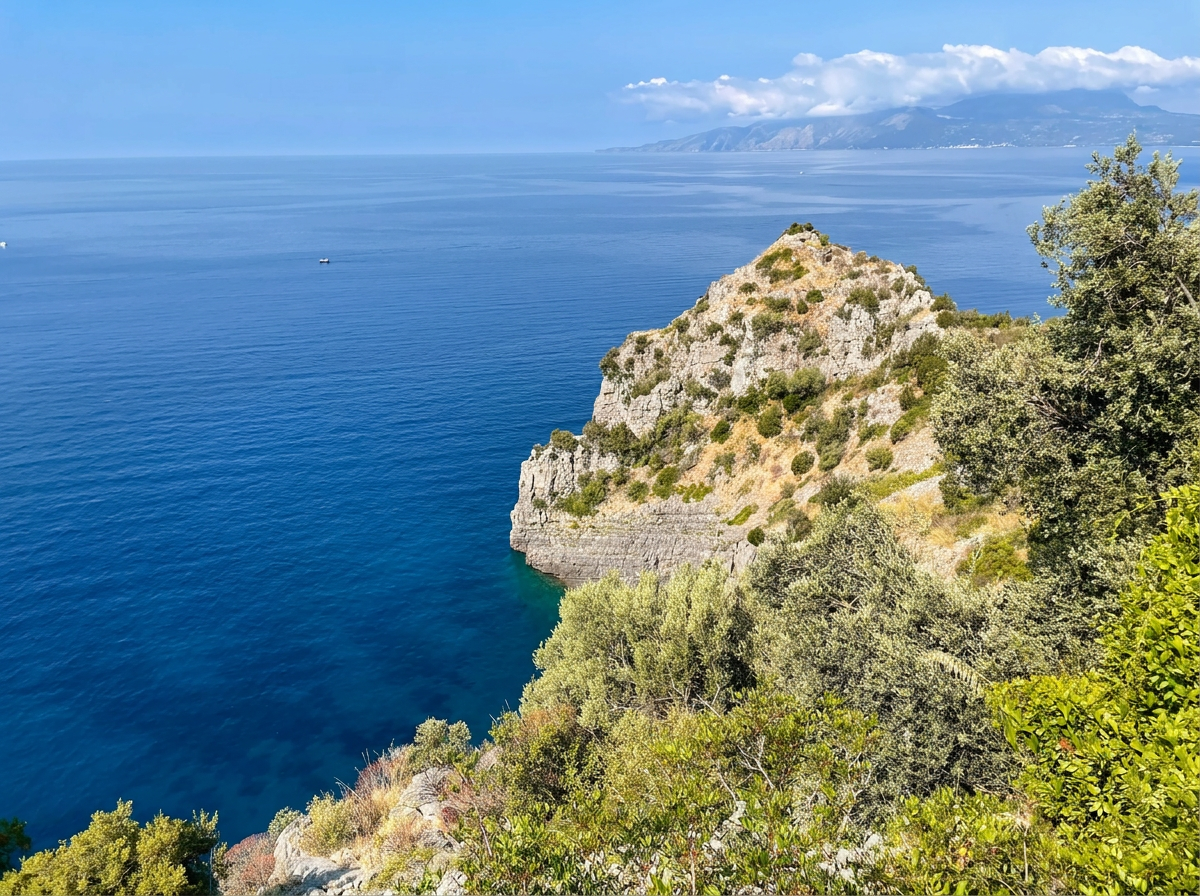 Rocky headland and deep blue Mediterranean Sea along the Cilento Coast near Palinuro, Campania, Italy