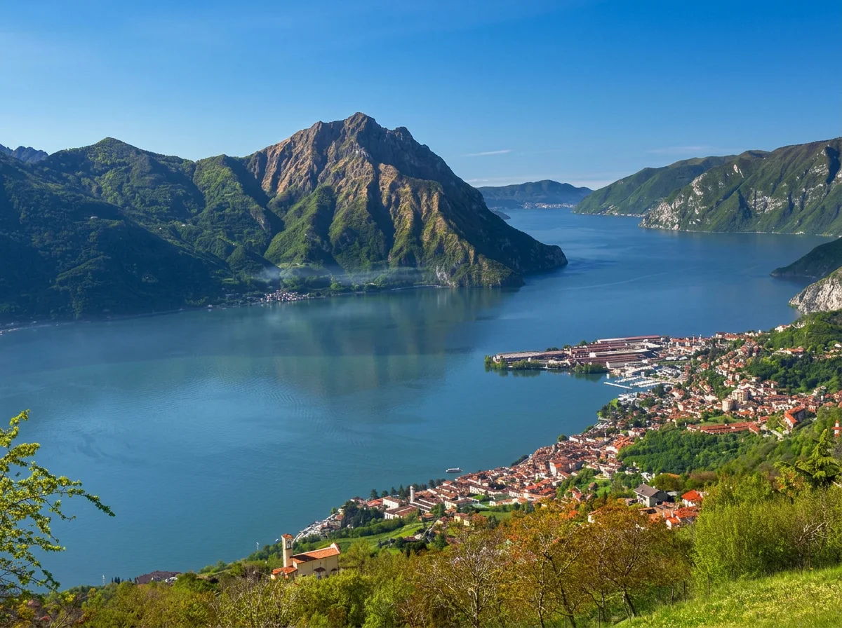 View over Lake Iseo, lakeside buildings and steep wooded mountains from a grassy hillside.