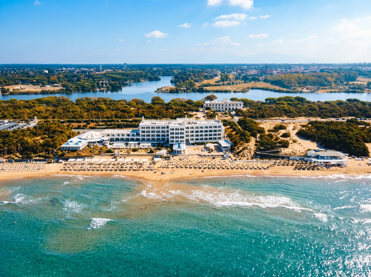 Sabaudia Beach with golden sand, coastal dunes and the blue Tyrrhenian Sea beside Lago di Sabaudia in Lazio, Italy