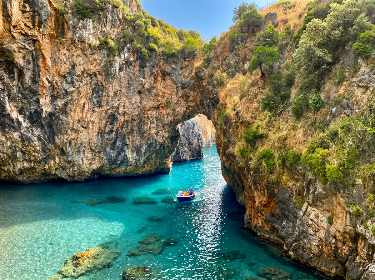 A boat in clear water between the rocky cliffs at Arcomagno, Calabria.