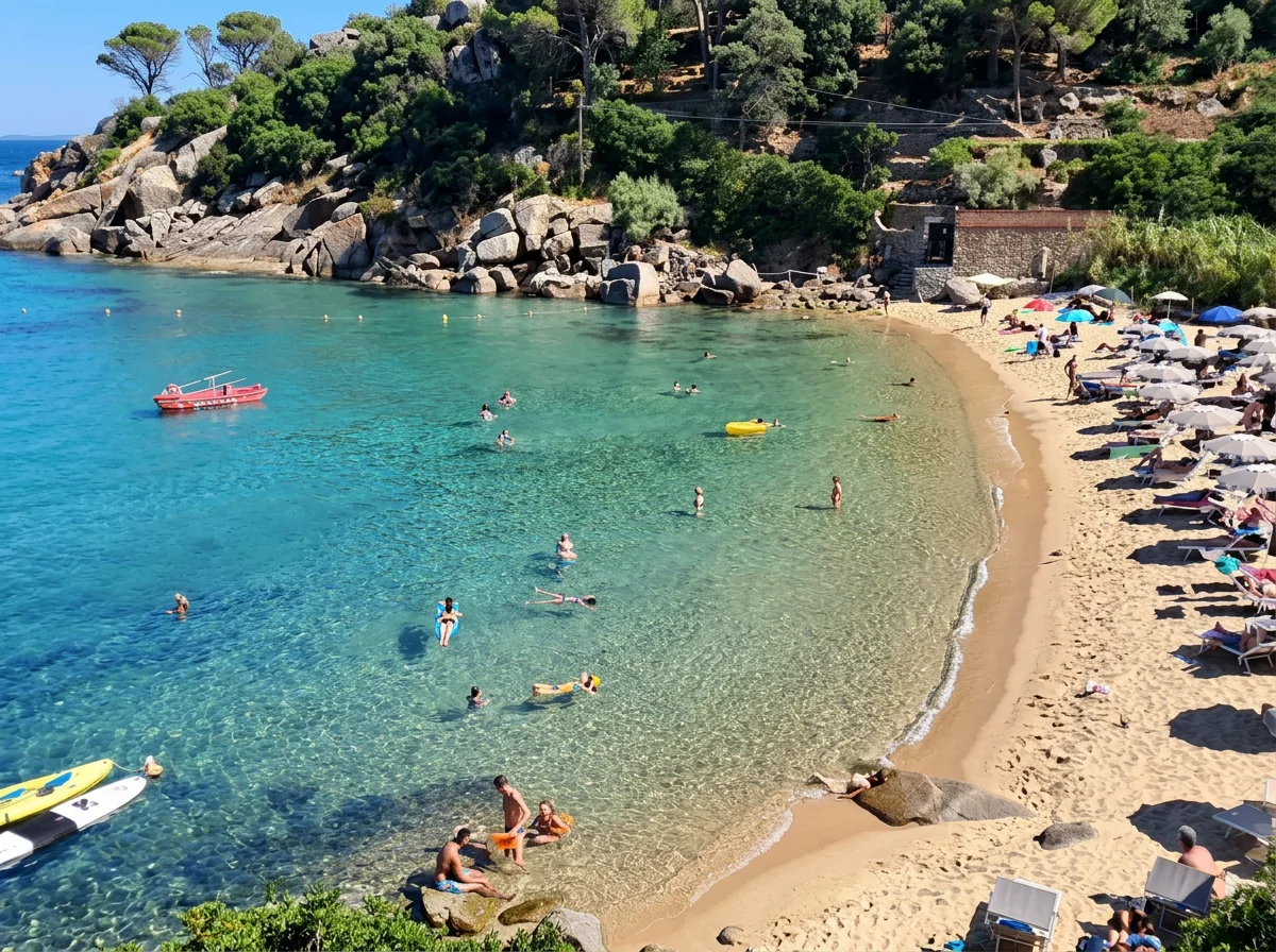 Cannelle Beach on Giglio Island, with golden sand, clear turquoise water and granite rocks along the Tuscan coast