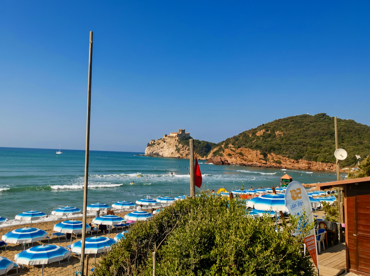 Le Rocchette beach with turquoise water and the historic coastal fortress near Castiglione della Pescaia, Tuscany