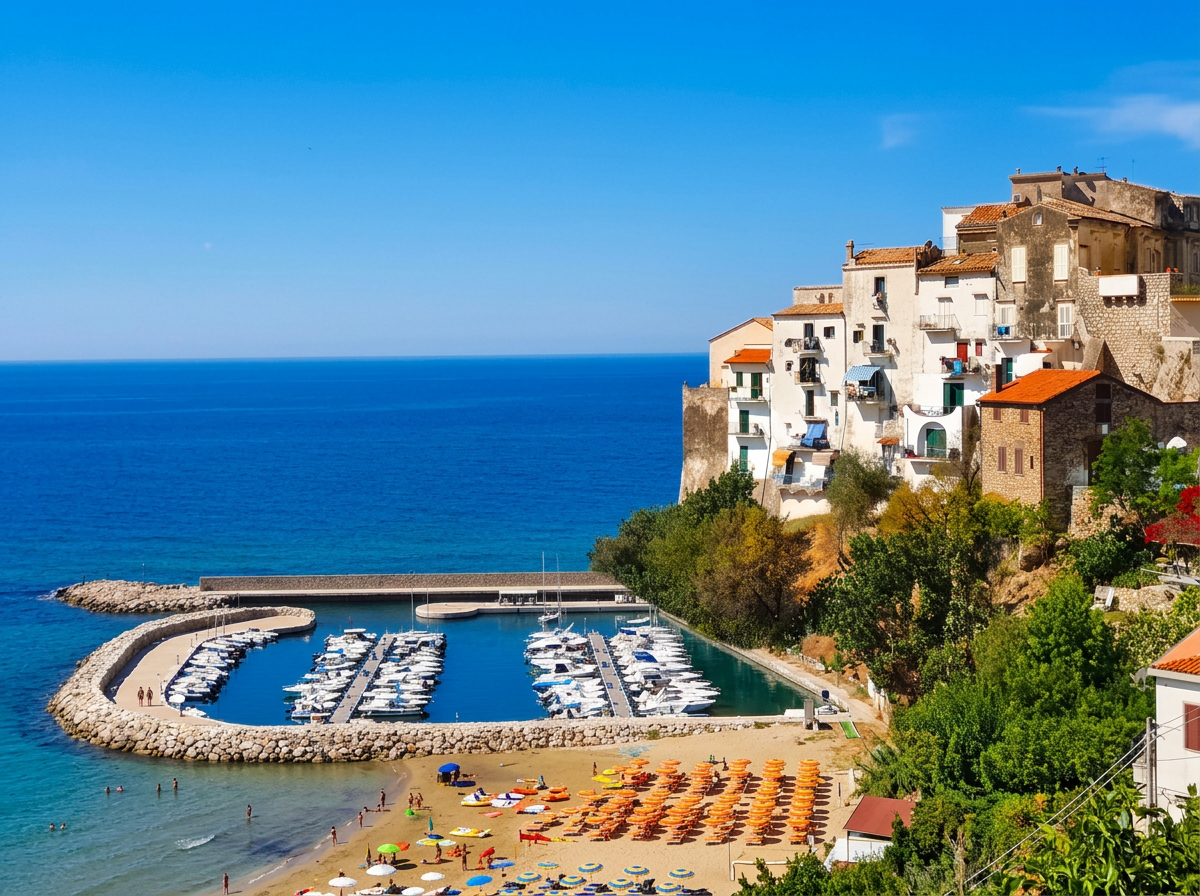 Sperlonga beach and whitewashed hilltop houses overlooking the sea.