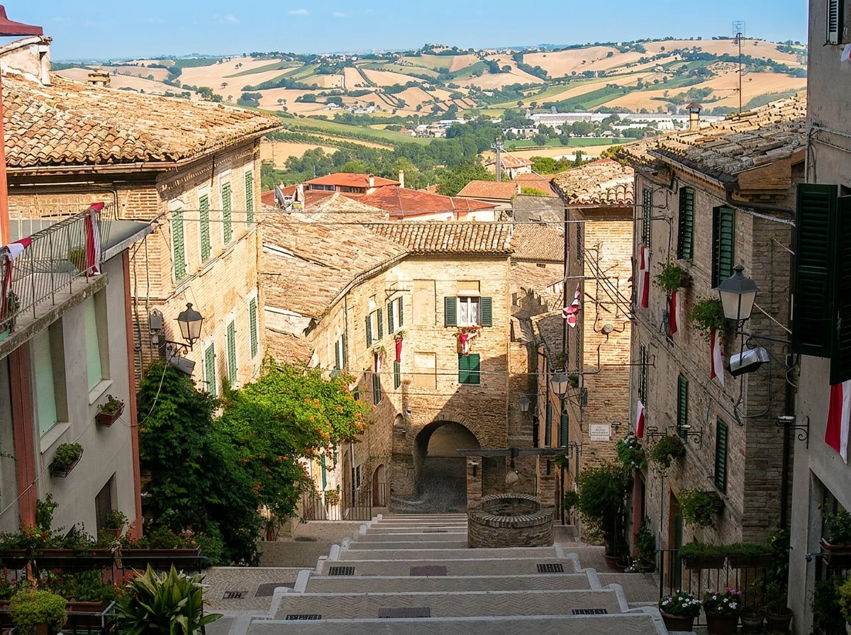 View down La Piaggia in Corinaldo, past the brick well and tiled rooftops towards the Marche countryside