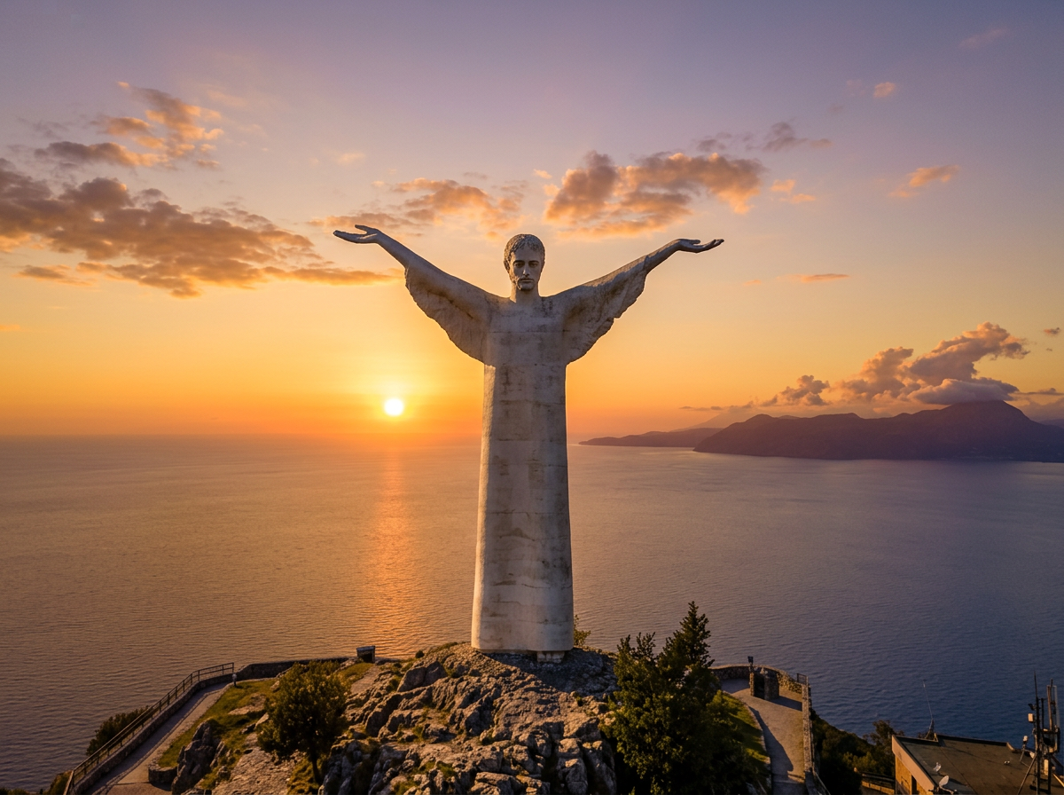 The Christ the Redeemer statue above Maratea at sunset.