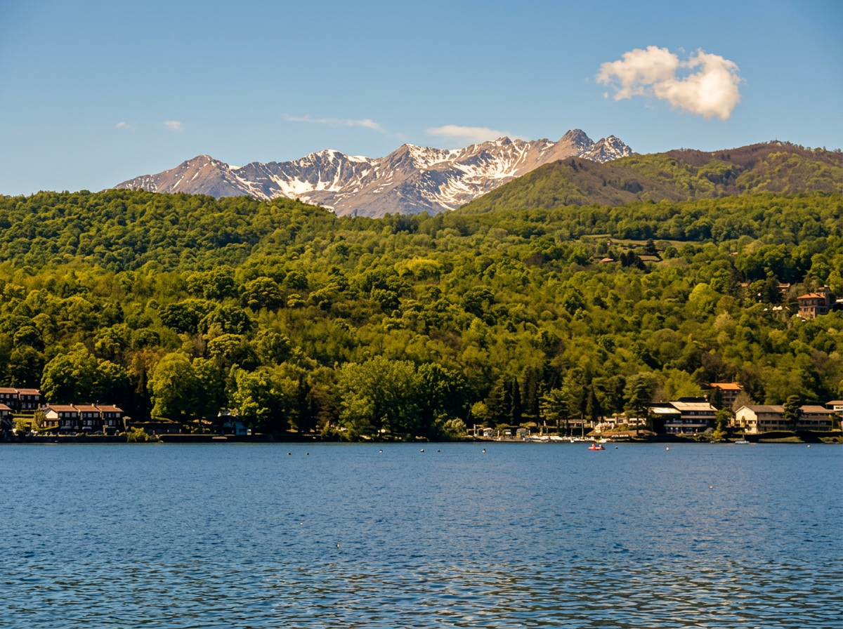 Wooded slopes and lakeside houses beside Lago Grande di Avigliana, with mountain peaks in the background, Piemonte, Italy.