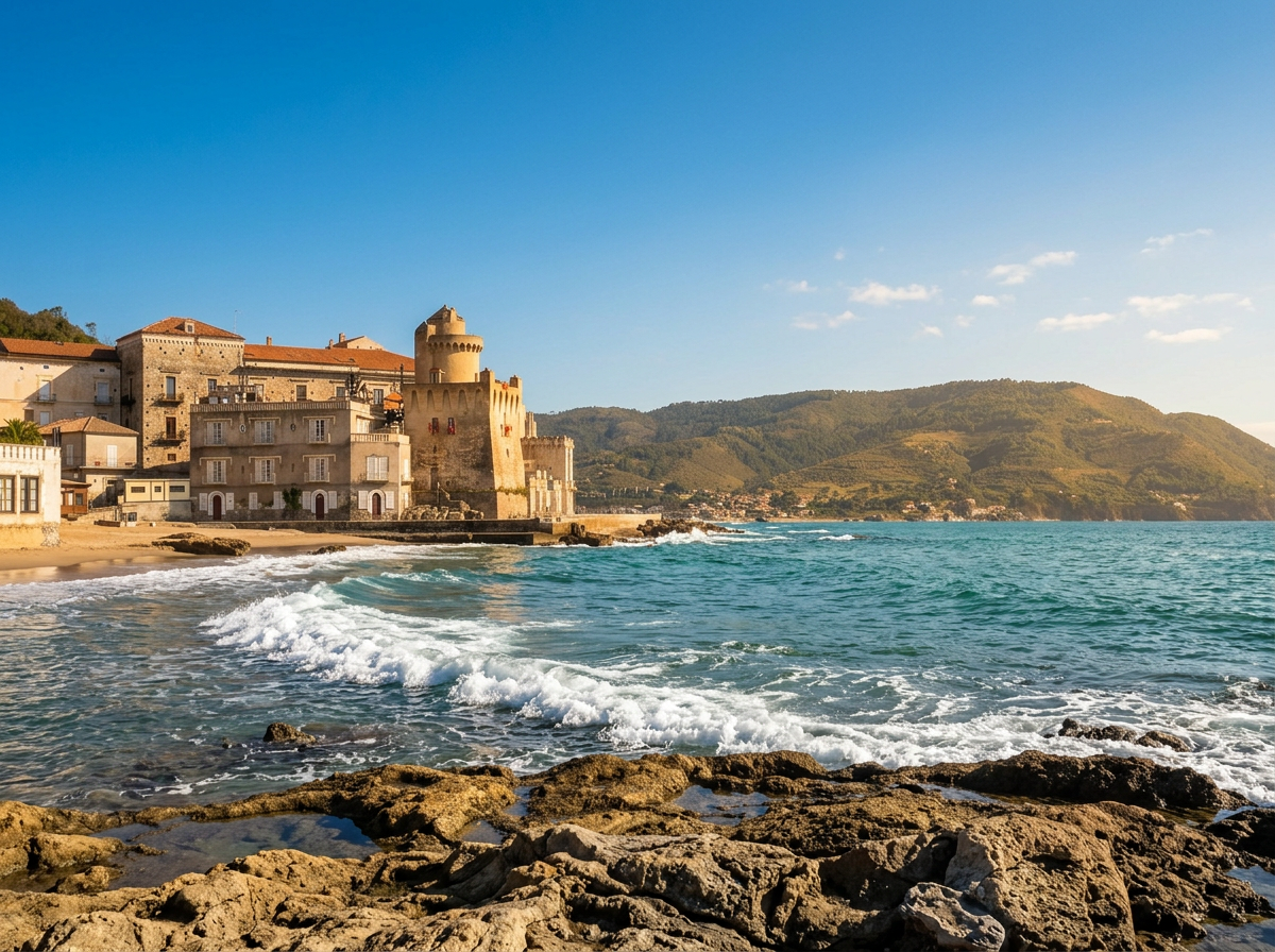 Torre Perrotti and the waterfront of Santa Maria di Castellabate on the Cilento coast, Campania.