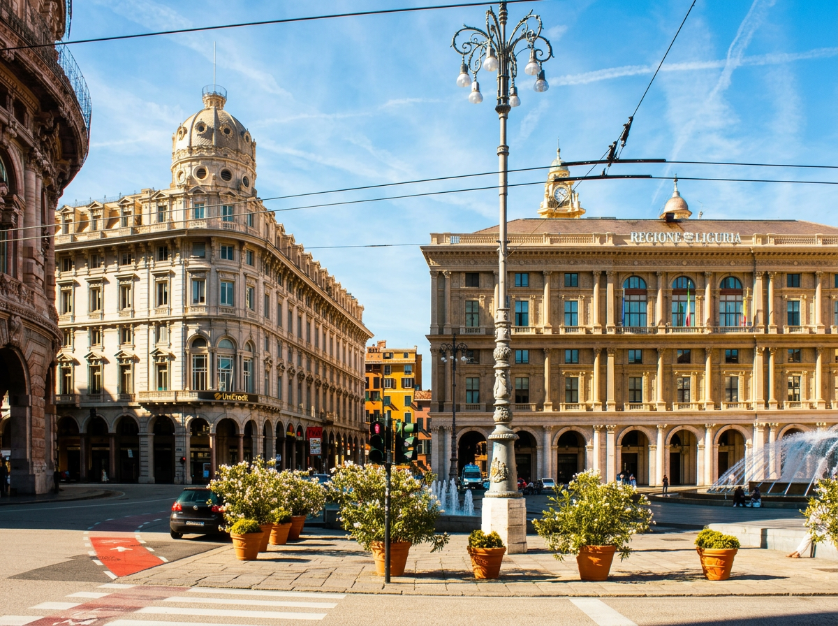 Historic buildings and the fountain at Piazza De Ferrari in Genoa, Liguria