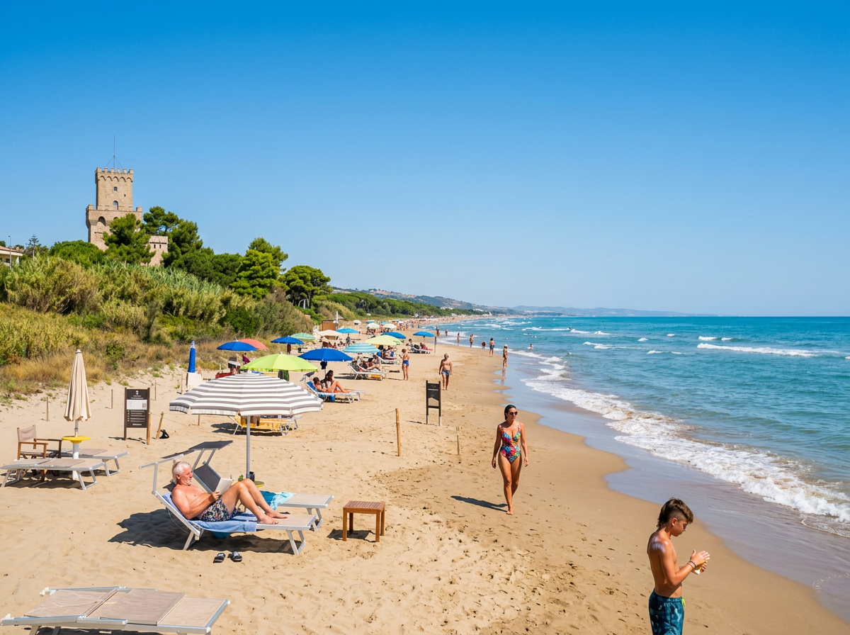 Sandy beach beside Torre Cerrano, with colourful parasols and the Adriatic Sea in Abruzzo.