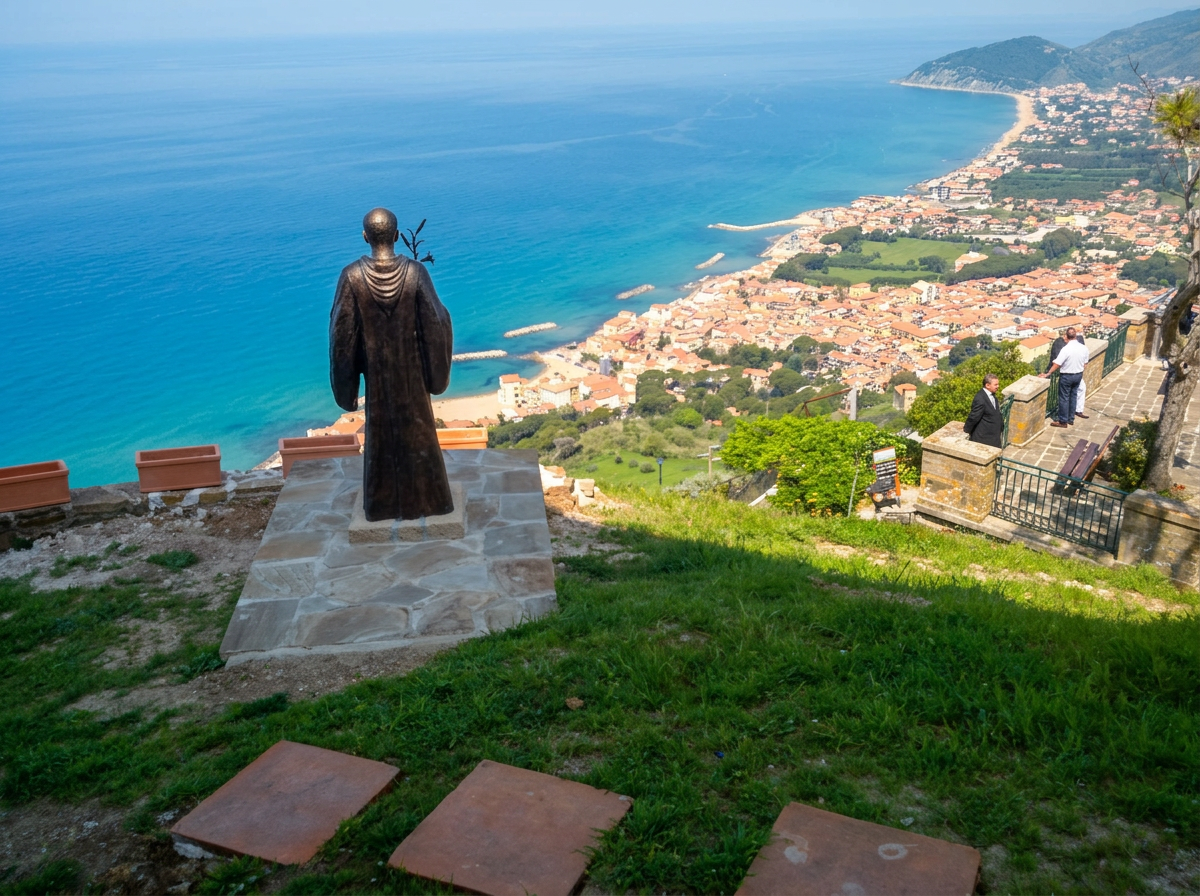 A hilltop statue overlooking the coastal town, sandy shoreline and blue sea.