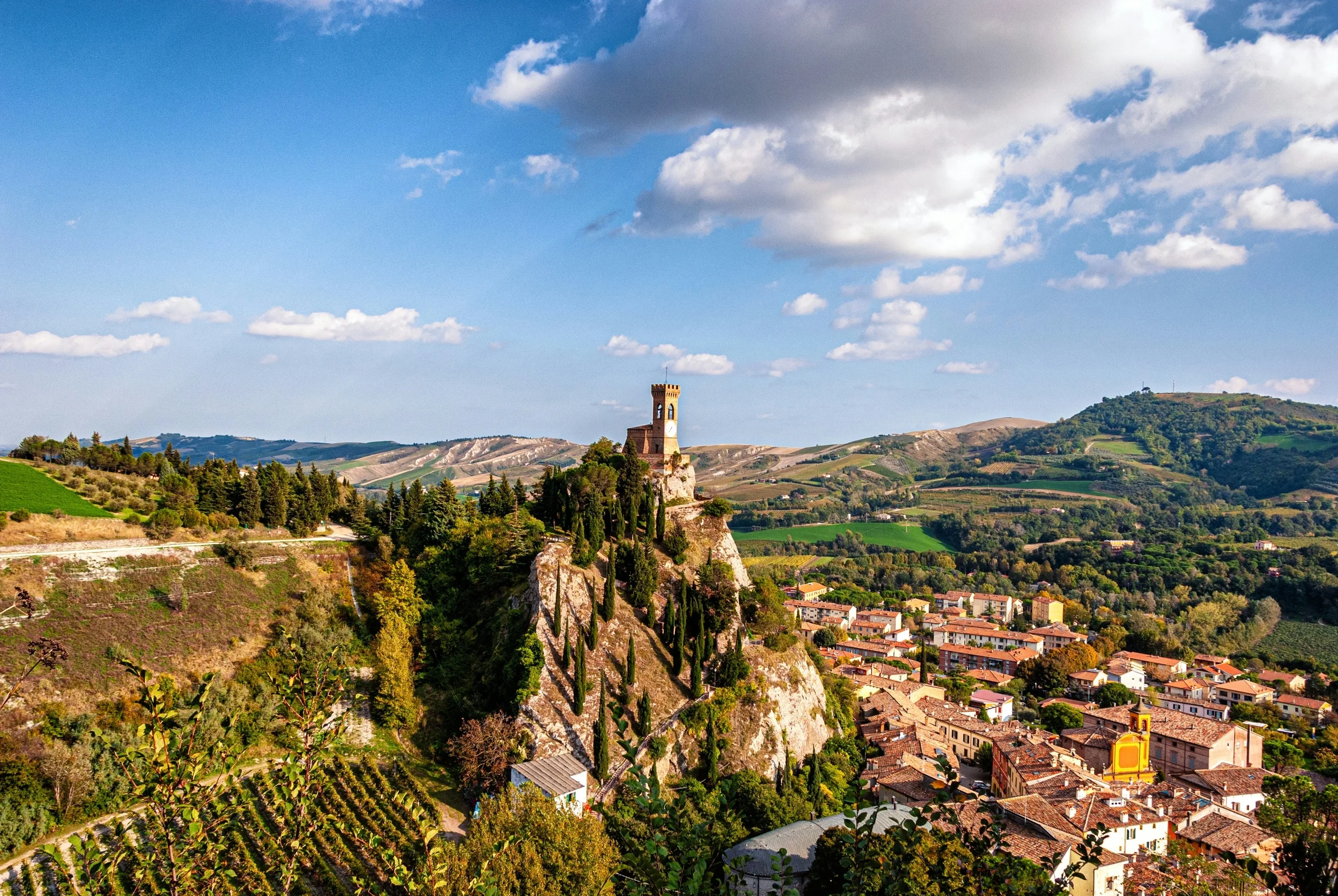 Hilltop village of Brisighella surrounded by the Emilia-Romagna countryside
