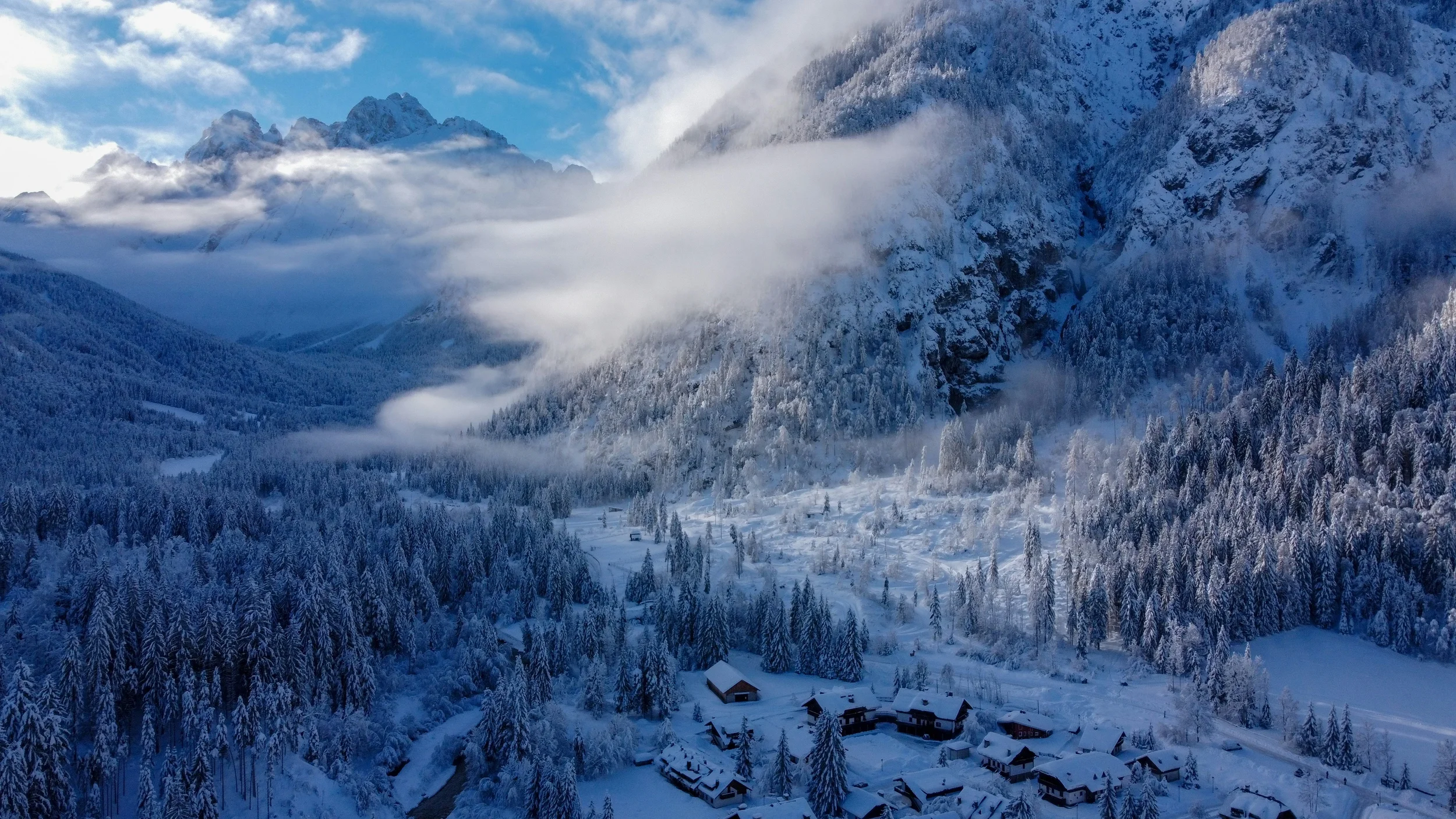 Mountain village of Valbruna surrounded by the Julian Alps in Friuli-Venezia Giulia, Italy