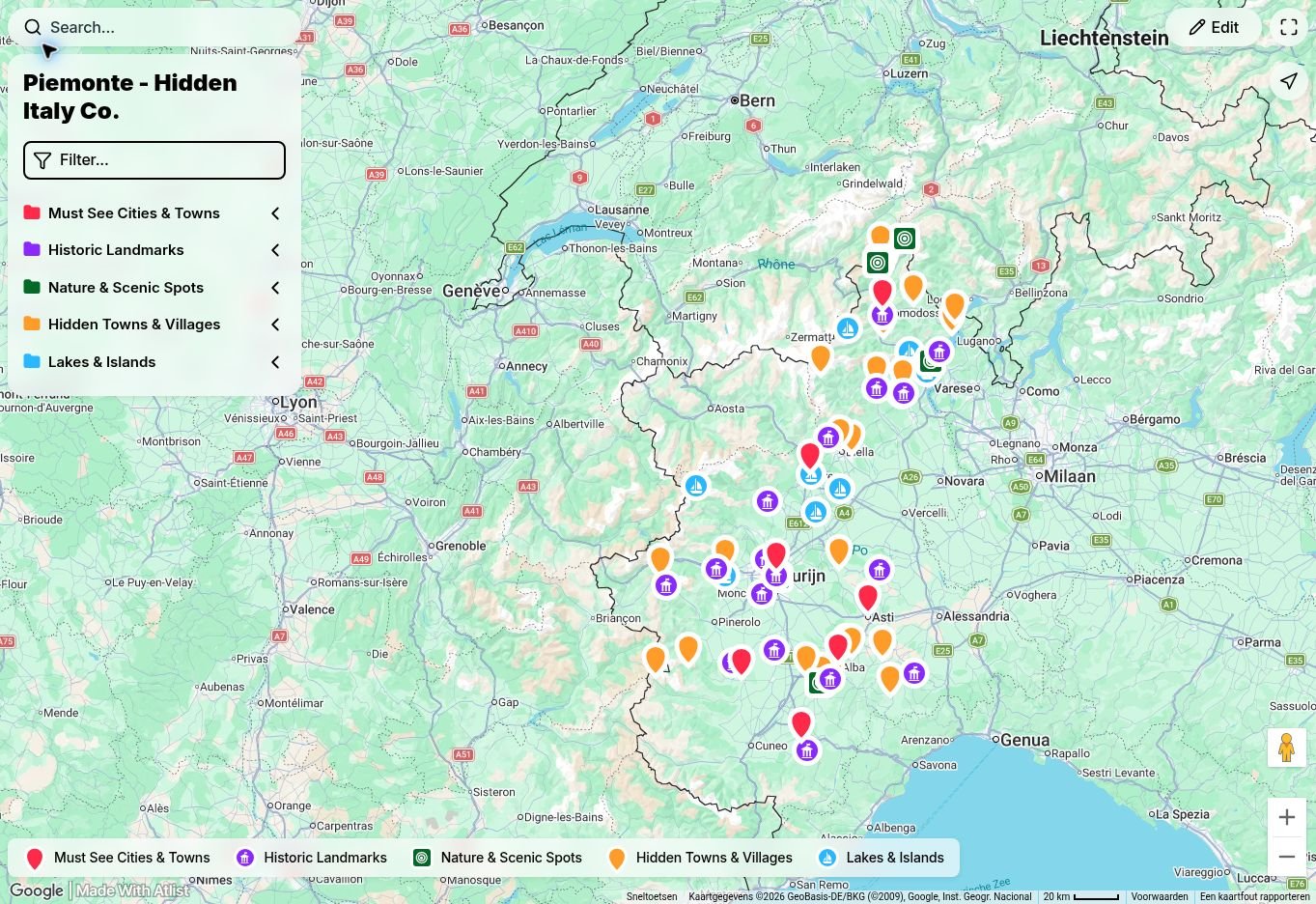 Piemonte travel map with 70 handpicked lakes, villages, historic landmarks and scenic places