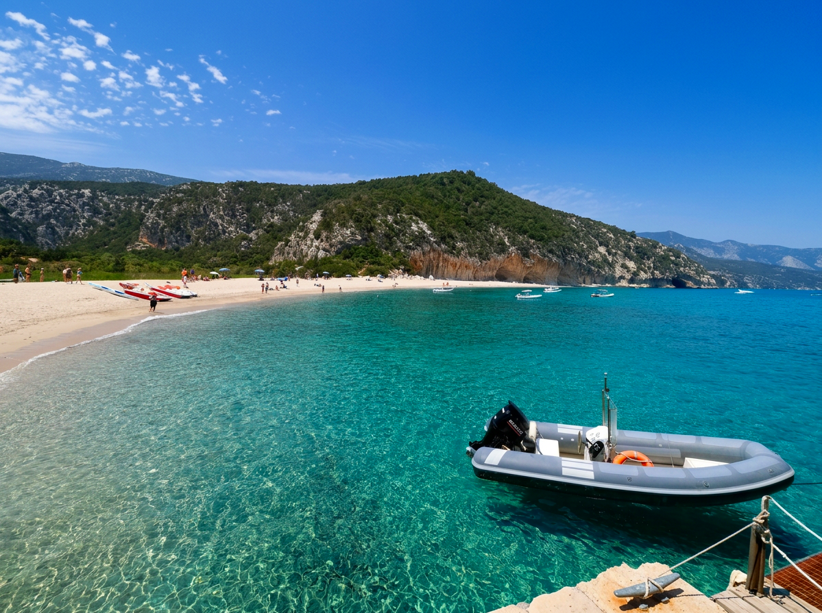 Cala Luna in Sardinia with clear turquoise water, a sandy beach, anchored boats and rugged limestone cliffs