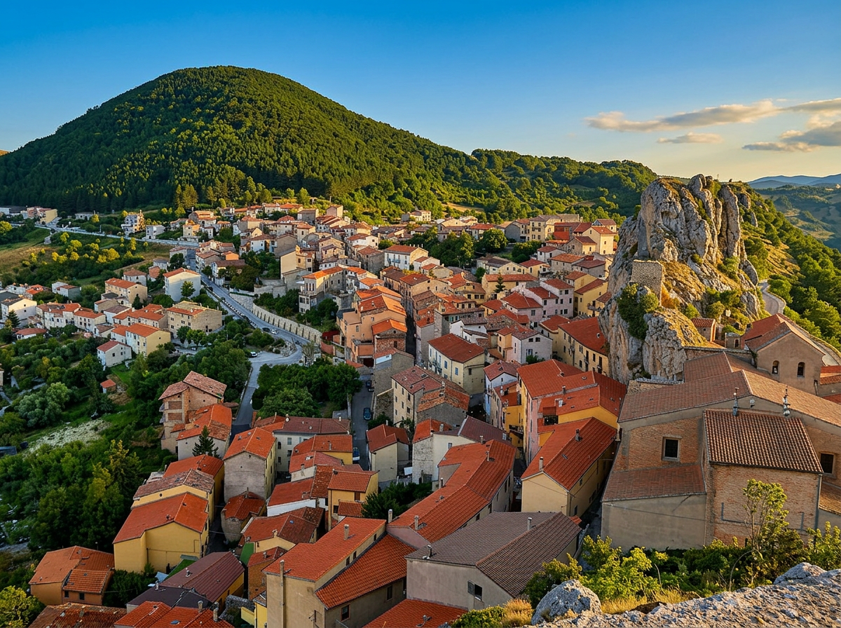 Pietrabbondante village between rocky outcrops and green mountains.