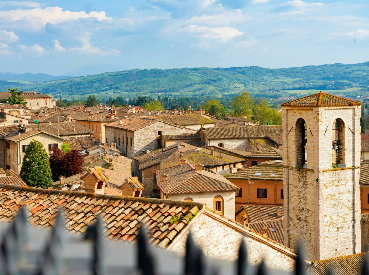 Gubbio rooftops and a stone bell tower beneath the hills of Umbria.