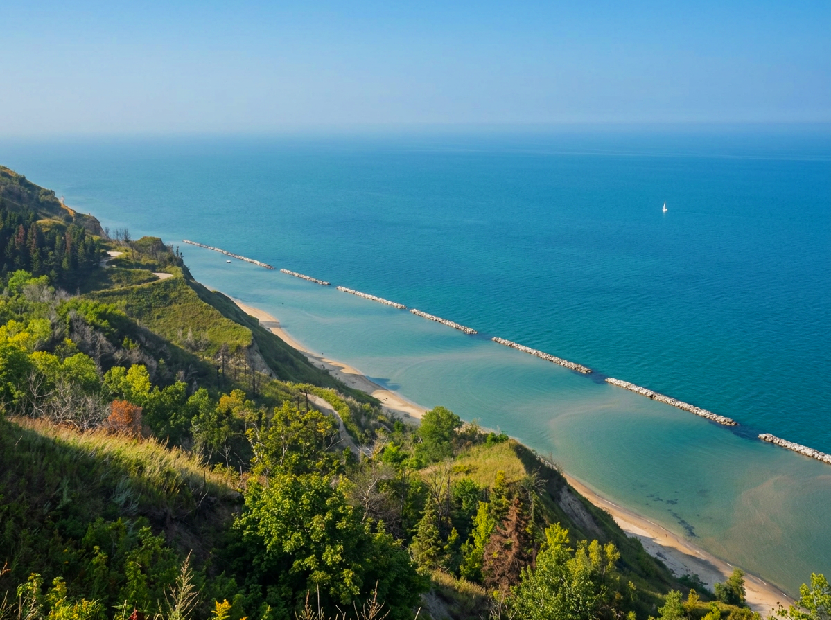 Panoramic view of Fiorenzuola di Focara Beach beneath the green cliffs of Monte San Bartolo in Le Marche, Italy.