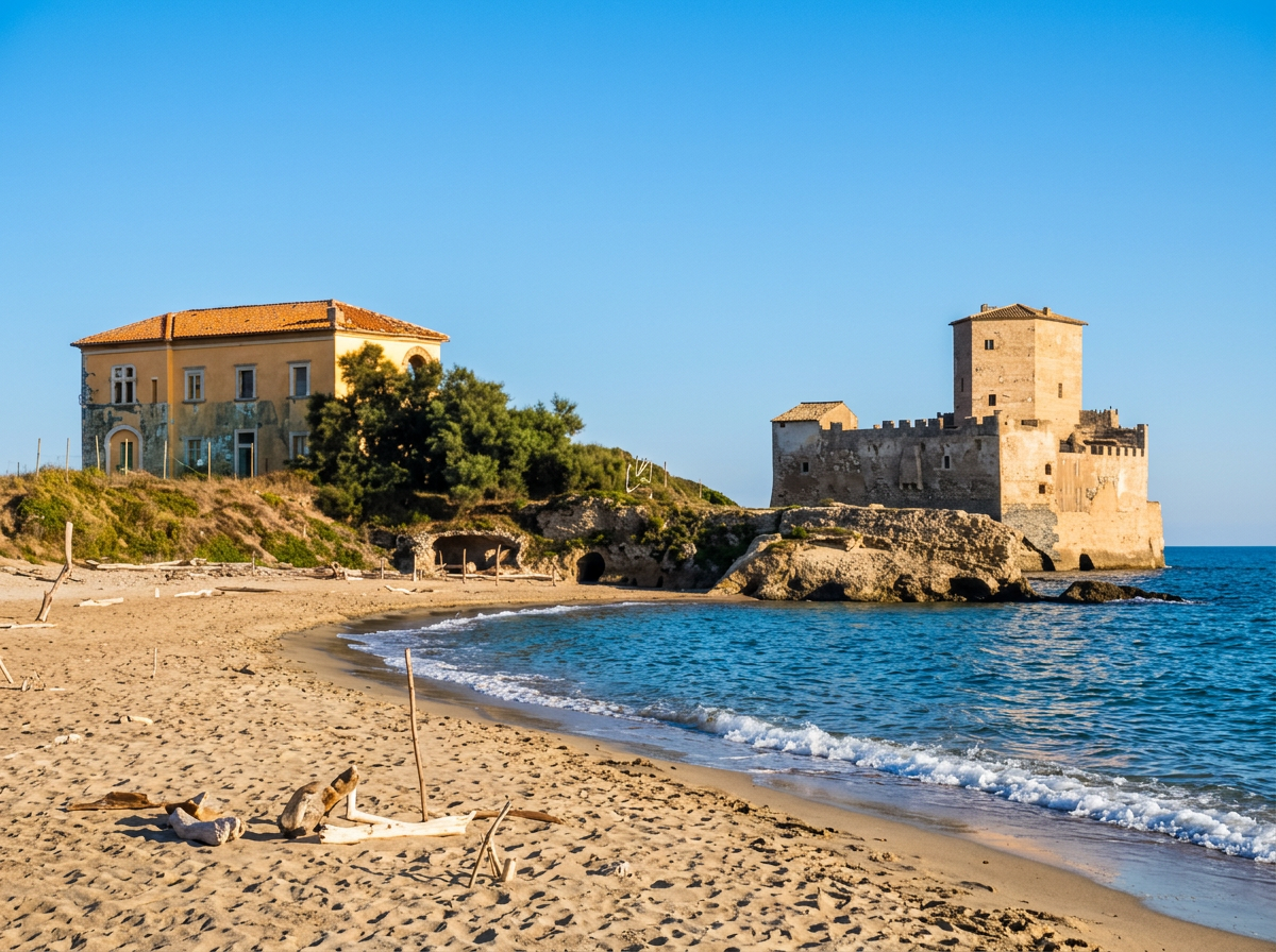 Torre Astura rising beside a sandy beach and blue Tyrrhenian Sea near Nettuno in Lazio, Italy