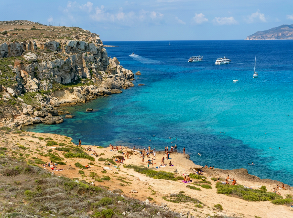 Turquoise water and rocky coastline at Cala Rossa on Favignana, Sicily, Italy.