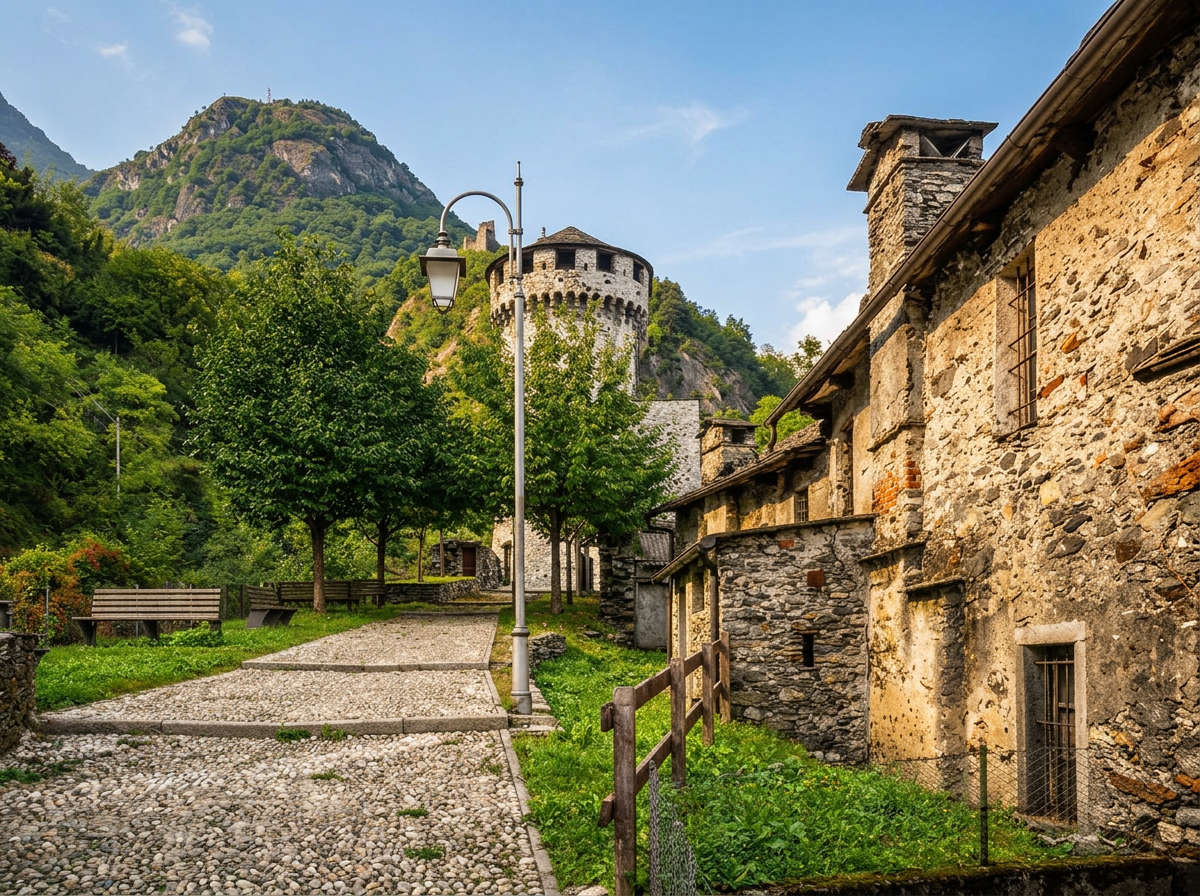 Stone houses and a cobbled path below the round tower of Visconti Castle in Vogogna, with wooded mountains behind.