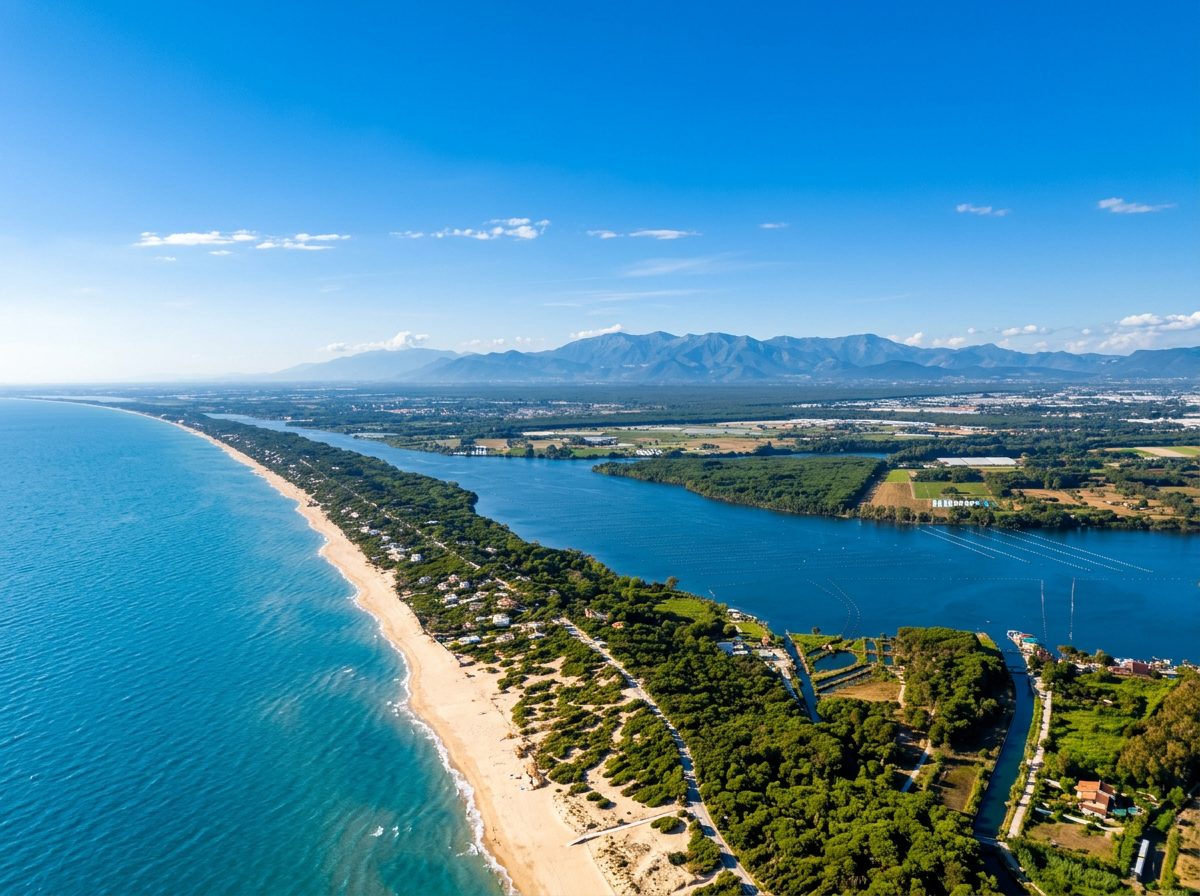 Aerial view of Sabaudia with its long sandy beach, coastal dunes and Lago di Sabaudia in Lazio
