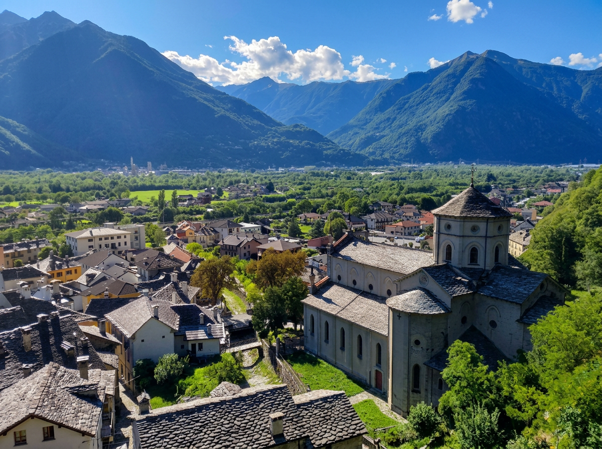 Vogogna village in a green valley beneath the mountains of Piedmont.